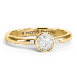 Round Bezel Solitaire with Twin Accents Ring in 18K Gold Plated Silver with Cubic Zirconia and White Premium Zirconia