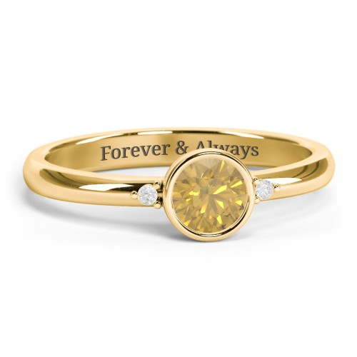 Round Bezel Solitaire with Twin Accents Ring – 18K Gold Plated Silver with Citrine and White Premium Zirconia