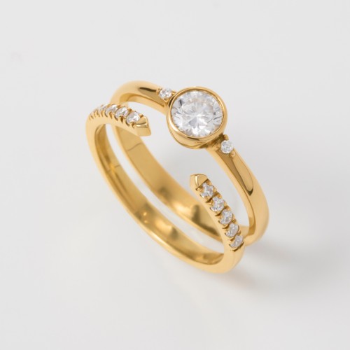 Round Bezel Solitaire with Twin Accents Ring – Sterling Silver with Aquamarine and White Premium Zirconia