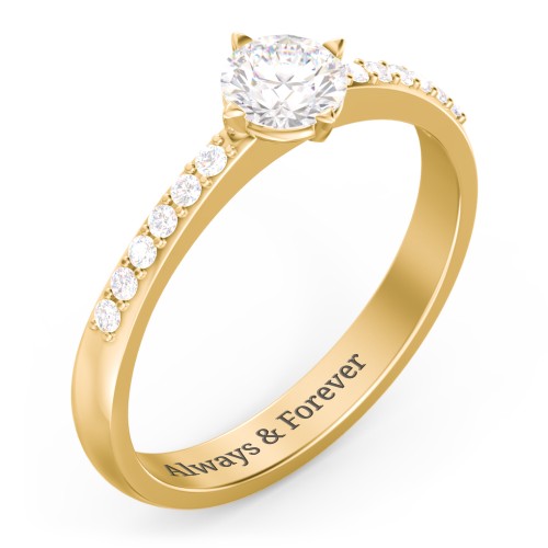 Centre Round Stone Ring with Twin Accent Rows – 18K Gold Plated Silver with Diamond