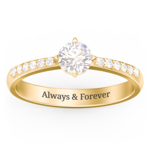 Centre Round Stone Ring with Twin Accent Rows – 18K Gold Plated Silver with Cubic Zirconia and White Premium Zirconia