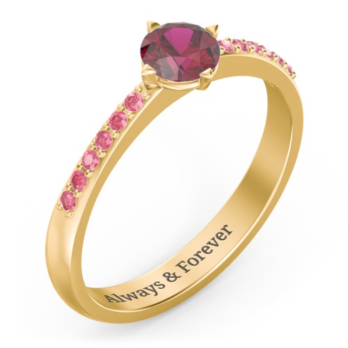 Centre Round Stone Ring with Twin Accent Rows – 18K Gold Plated Silver with Ruby and Red Premium Zirconia