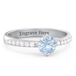 Centre Round Stone Ring with Twin Accent Rows in 925 Sterling Silver with Aquamarine and White Premium Zirconia