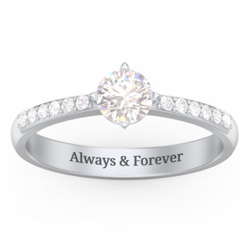 Centre Round Stone Ring with Twin Accent Rows – Sterling Silver with Cubic Zirconia and White Premium Zirconia
