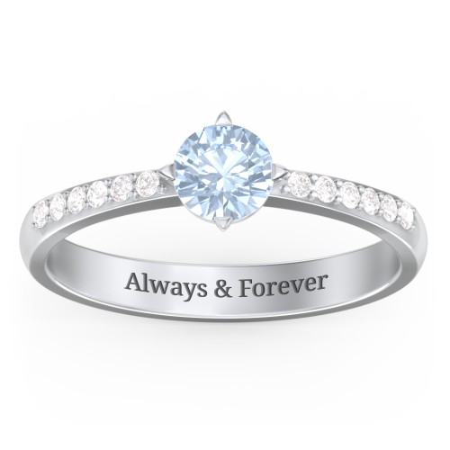Centre Round Stone Ring with Twin Accent Rows – Sterling Silver with Aquamarine and White Premium Zirconia