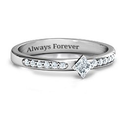 Princess Centre Stone Ring with Twin Accent Rows in 925 Sterling Silver with Diamond