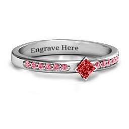 Princess Centre Stone Ring with Twin Accent Rows in 925 Sterling Silver with Garnet and Red Premium Zirconia