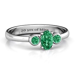 Oval Centre with Twin Bezel Rounds Ring in 925 Sterling Silver with Emerald