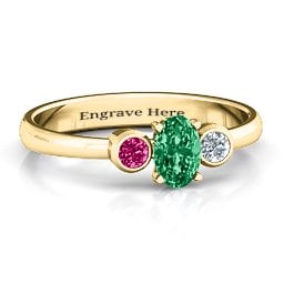 Oval Centre with Twin Bezel Rounds Ring in 9K Solid Yellow Gold with Emerald, Ruby, and Cubic Zirconia