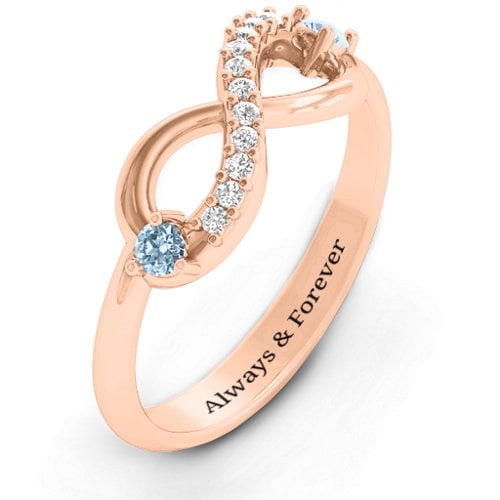 Double Stone Infinity Accent Ring – 9kt Rose Gold with Aquamarine and White Premium Zirconia