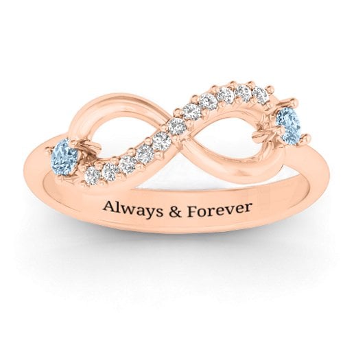 Double Stone Infinity Accent Ring – 9kt Rose Gold with Aquamarine and White Premium Zirconia