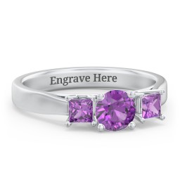 Three Stone Eternity with Princess Accents Ring in 925 Sterling Silver with Amethyst
