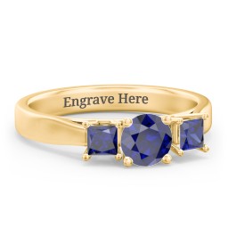 Three Stone Eternity with Princess Accents Ring in 9K Solid Yellow Gold with Blue Sapphire