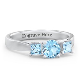 Three Stone Eternity with Princess Accents Ring in 925 Sterling Silver with Blue Topaz