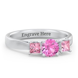 Three Stone Eternity with Princess Accents Ring in 925 Sterling Silver with Pink Sapphire and Pink Tourmaline