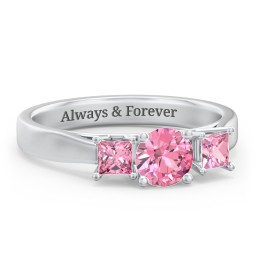 Three Stone Eternity with Princess Accents Ring in 925 Sterling Silver with Pink Tourmaline