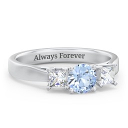Three Stone Eternity with Princess Accents Ring in 925 Sterling Silver with Aquamarine and Cubic Zirconia