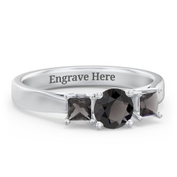 Three Stone Eternity with Princess Accents Ring in 925 Sterling Silver with Smokey Quartz