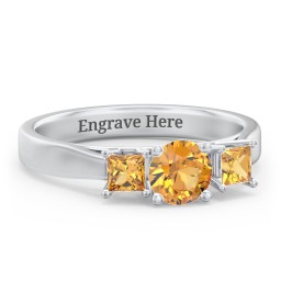 Three Stone Eternity with Princess Accents Ring in 925 Sterling Silver with Citrine