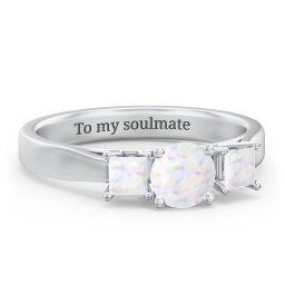 Three Stone Eternity with Princess Accents Ring in 925 Sterling Silver with Opal