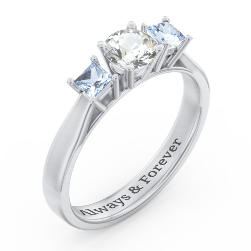 Three Stone Eternity with Princess Accents Ring – Sterling Silver with Cubic Zirconia and Aquamarine