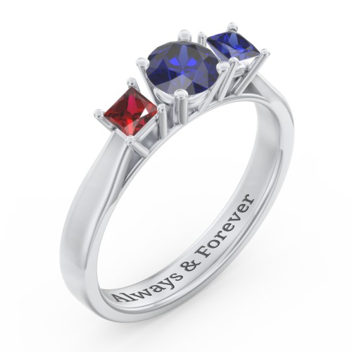 Three Stone Eternity with Princess Accents Ring – Sterling Silver with Blue Sapphire and Garnet
