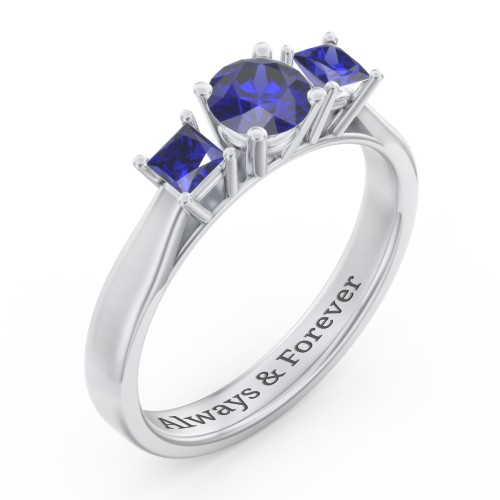 Three Stone Eternity with Princess Accents Ring – Sterling Silver with Blue Sapphire