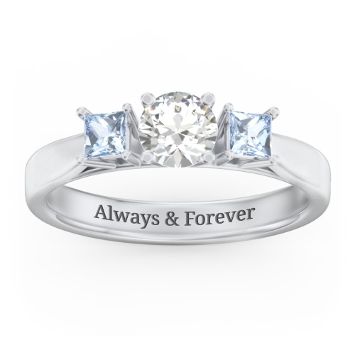 Three Stone Eternity with Princess Accents Ring – Sterling Silver with Cubic Zirconia and Aquamarine