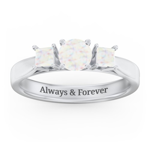 Three Stone Eternity with Princess Accents Ring – Sterling Silver with Opal