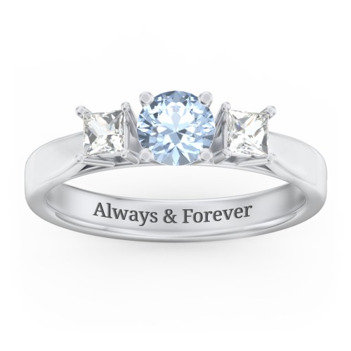 Three Stone Eternity with Princess Accents Ring – Sterling Silver with Aquamarine and Cubic Zirconia