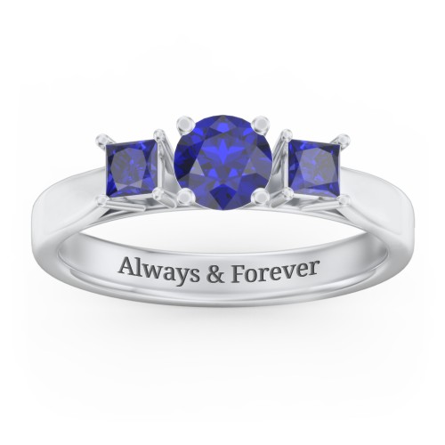 Three Stone Eternity with Princess Accents Ring – Sterling Silver with Blue Sapphire