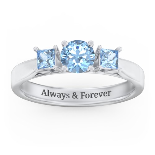 Three Stone Eternity with Princess Accents Ring – Sterling Silver with Blue Topaz