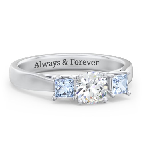 Three Stone Eternity with Princess Accents Ring – Sterling Silver with Cubic Zirconia and Aquamarine