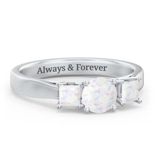 Three Stone Eternity with Princess Accents Ring – Sterling Silver with Opal