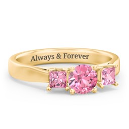 Three Stone Eternity with Princess Accents Ring in 9K Solid Yellow Gold with Pink Tourmaline