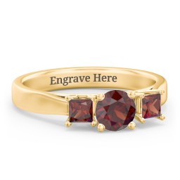 Three Stone Eternity with Princess Accents Ring in 9K Solid Yellow Gold with Garnet