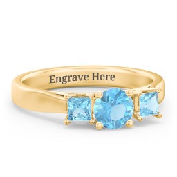 Three Stone Eternity with Princess Accents Ring in 9K Solid Yellow Gold with Blue Topaz