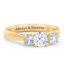 Three Stone Eternity with Princess Accents Ring in 9K Solid Yellow Gold with Diamond and Aquamarine