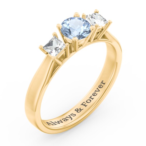 Three Stone Eternity with Princess Accents Ring – 9kt Yellow Gold with Aquamarine and Cubic Zirconia