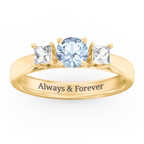 Three Stone Eternity with Princess Accents Ring – 9kt Yellow Gold with Aquamarine and Cubic Zirconia