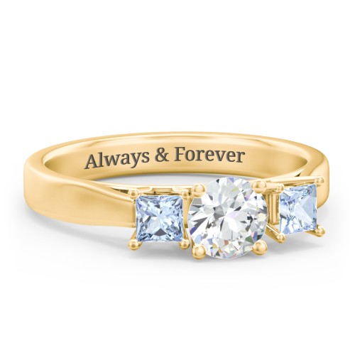 Three Stone Eternity with Princess Accents Ring – 9kt Yellow Gold with Cubic Zirconia and Aquamarine