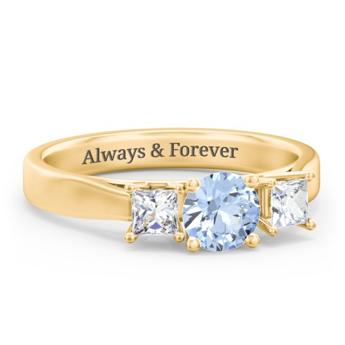 Three Stone Eternity with Princess Accents Ring – 9kt Yellow Gold with Aquamarine and Cubic Zirconia