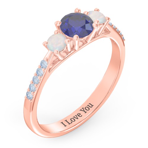 Three Stone Eternity Ring with Twin Accent Rows – 9kt Rose Gold with Blue Sapphire, Opal, and Fancy Blue Premium Zirconia