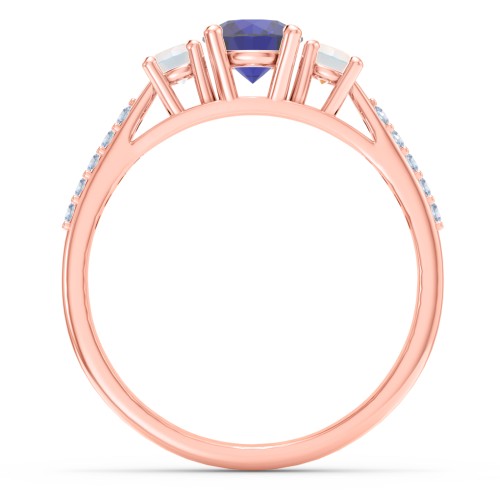 Three Stone Eternity Ring with Twin Accent Rows – 9kt Rose Gold with Blue Sapphire, Opal, and Fancy Blue Premium Zirconia