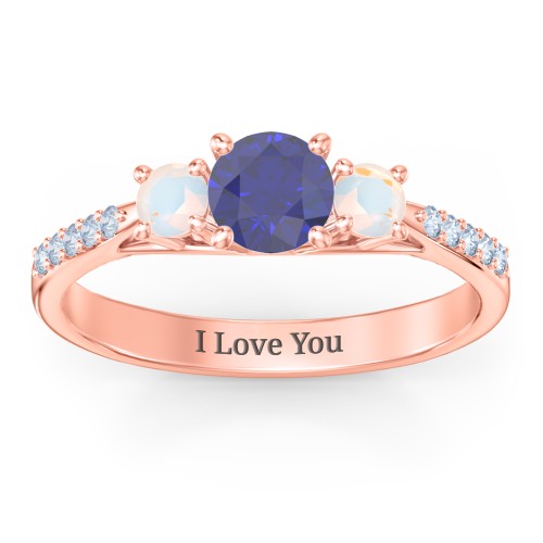 Three Stone Eternity Ring with Twin Accent Rows – 9kt Rose Gold with Blue Sapphire, Opal, and Fancy Blue Premium Zirconia