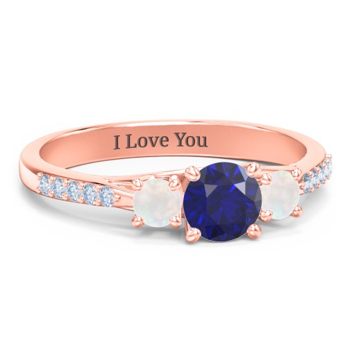 Three Stone Eternity Ring with Twin Accent Rows – 9kt Rose Gold with Blue Sapphire, Opal, and Fancy Blue Premium Zirconia