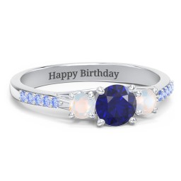 Three Stone Eternity Ring with Twin Accent Rows in 925 Sterling Silver with Blue Sapphire, Opal, and Fancy Blue Premium Zirconia