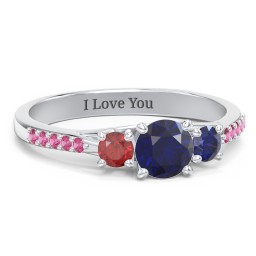 Three Stone Eternity Ring with Twin Accent Rows in 925 Sterling Silver with Blue Sapphire, Garnet, and Red Premium Zirconia
