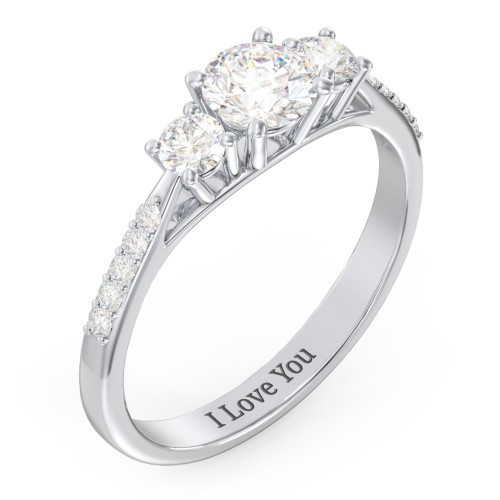 Three Stone Eternity Ring with Twin Accent Rows – Sterling Silver with Diamond