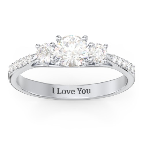 Three Stone Eternity Ring with Twin Accent Rows – Sterling Silver with Diamond